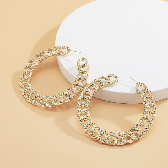 Retro Cuban Link Rhinestone Hoop Earrings (Various Colors) - Picture 2 of 9